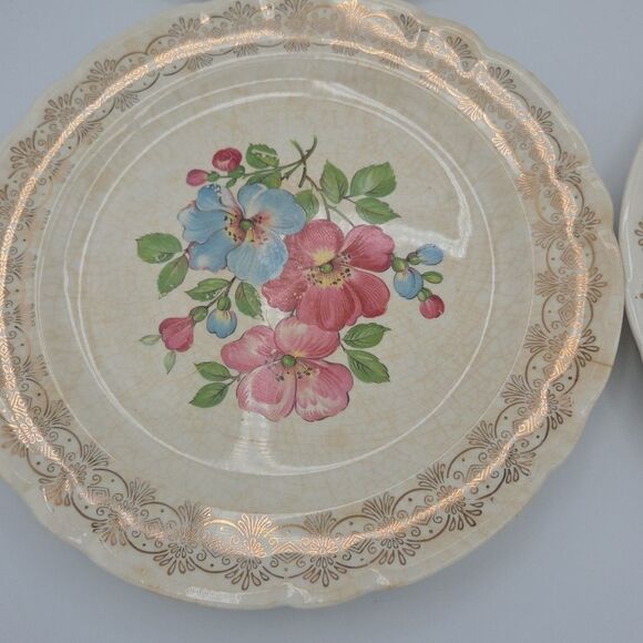 French Saxon China 22k Blossomtime 9.25 Inch Diameter Gold Plates Set Of 4 Lot 1 - Picture 2 of 10